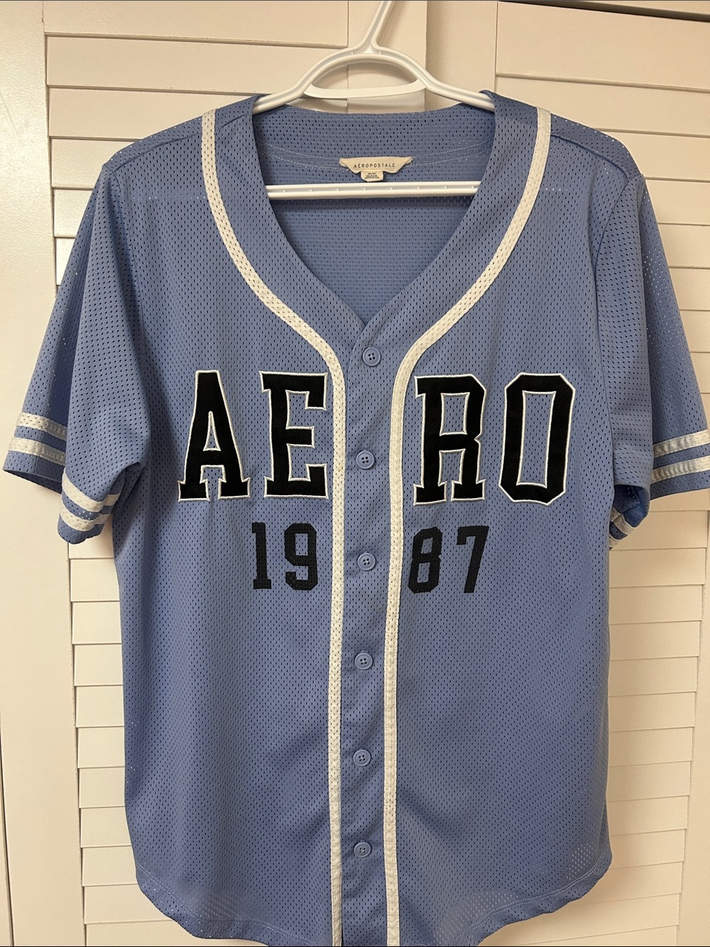 Aeropostale Light Blue and White Button-Up Mesh Jersey